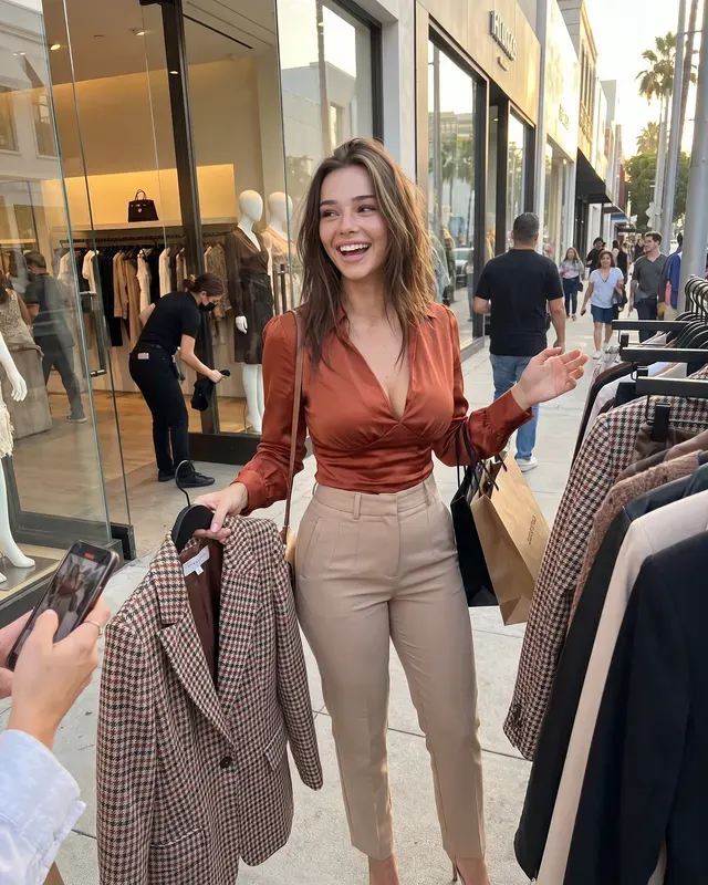 Boutique Shopping AI photoshoot sample 1 of 5: natural candid Instagram-style photo of the same woman, different outfit and pose
