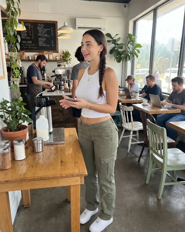 Coffee Shop / Lifestyle AI photoshoot sample 1 of 5: natural candid Instagram-style photo of the same woman, different outfit and pose