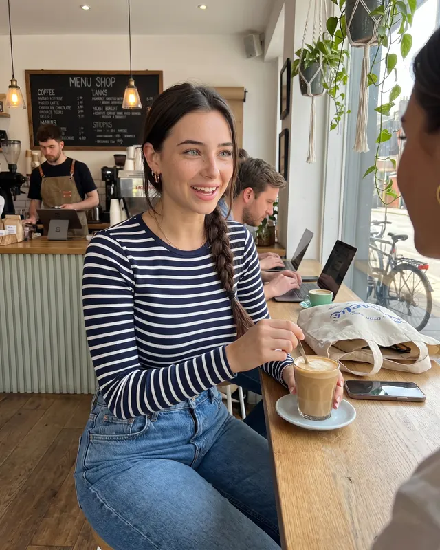 Coffee Shop / Lifestyle AI photoshoot sample 2 of 5: natural candid Instagram-style photo of the same woman, different outfit and pose