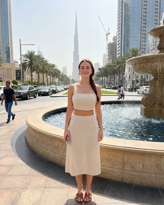Travel: Dubai AI photoshoot sample 3 of 5: natural candid Instagram-style photo of the same woman, different outfit and pose
