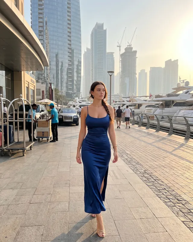 Travel: Dubai AI photoshoot sample 5 of 5: natural candid Instagram-style photo of the same woman, different outfit and pose