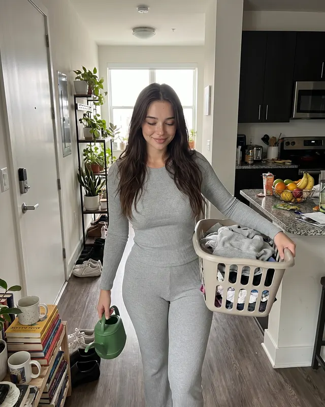 Cozy Home / Bedroom AI photoshoot sample 4 of 5: natural candid Instagram-style photo of the same woman, different outfit and pose