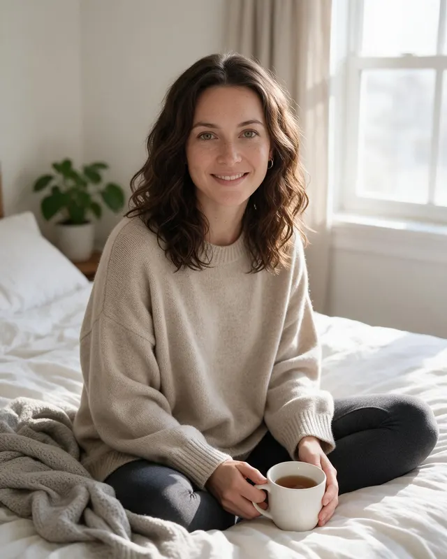 Cozy Home / Bedroom style: sample influencer photo created from one selfie