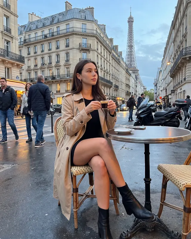 Travel: Paris AI photoshoot sample 2 of 5: natural candid Instagram-style photo of the same woman, different outfit and pose