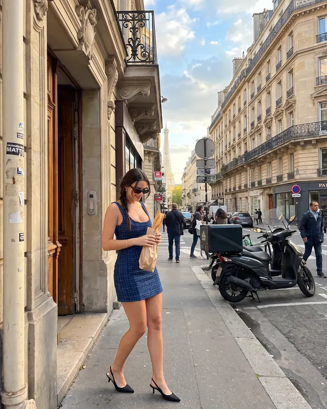Travel: Paris AI photoshoot sample 3 of 5: natural candid Instagram-style photo of the same woman, different outfit and pose
