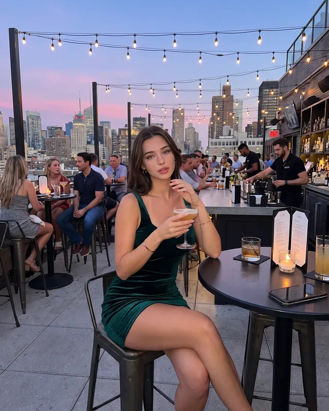 Night Out / City Rooftop AI photoshoot sample 3 of 5: natural candid Instagram-style photo of the same woman, different outfit and pose