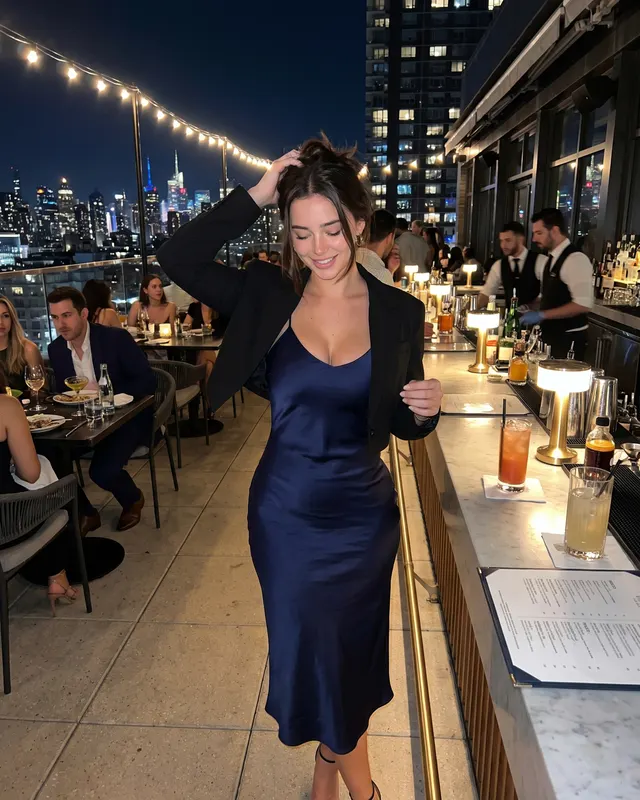 Night Out / City Rooftop AI photoshoot sample 4 of 5: natural candid Instagram-style photo of the same woman, different outfit and pose