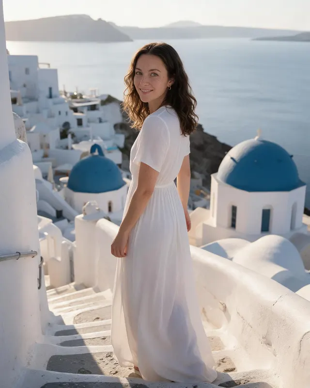 Sample AI photo: woman in Santorini with white buildings and blue domes