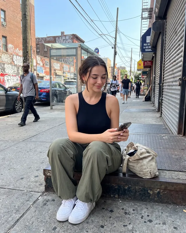 Car / Street Style AI photoshoot sample 3 of 5: natural candid Instagram-style photo of the same woman, different outfit and pose