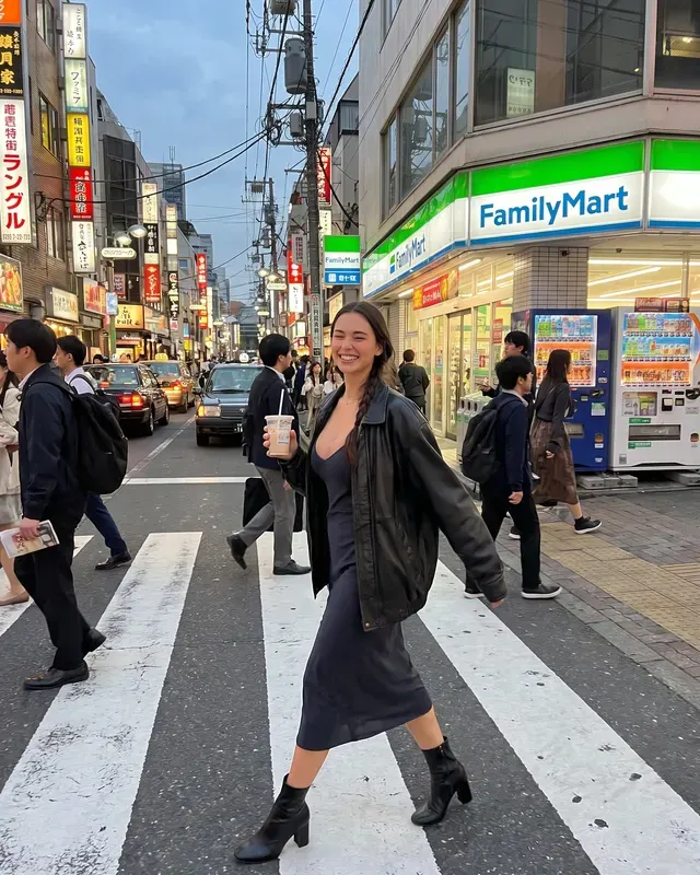 Travel: Tokyo AI photoshoot sample 1 of 5: natural candid Instagram-style photo of the same woman, different outfit and pose